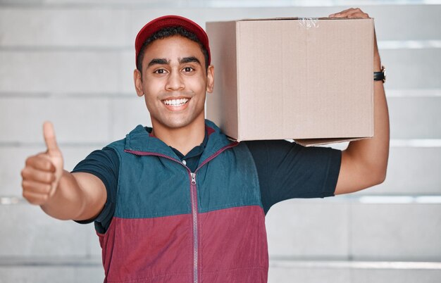 Happy delivery courier with package